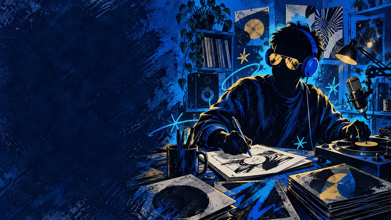 Hand-drawn anonymous creator with blue headphones and gold sunglasses